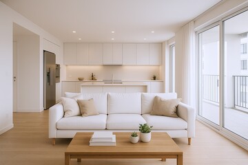 Fototapeta premium Bright modern living room with white sofa large windows balcony natural light minimal style.