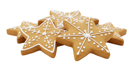 Several ultra realistic star-shaped gingerbread cookies with intricate white royal icing decorations, golden-brown and textured, casually stacked on a transparent background with copy space, high-end