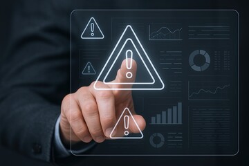 Futuristic digital interface with warning icons and data visualization elements.