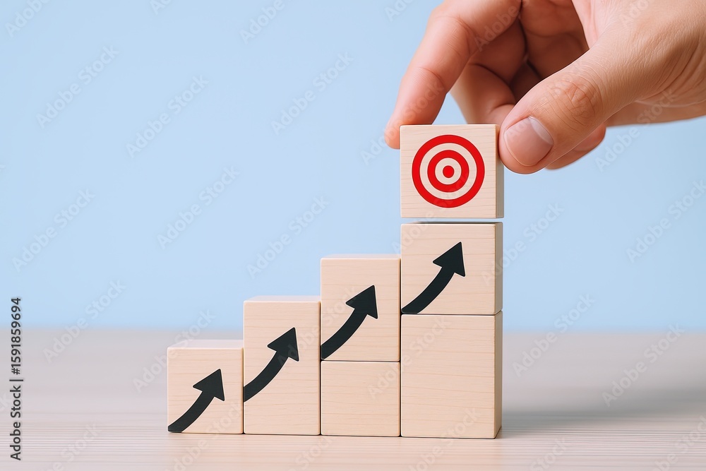 Poster hand stacking wooden blocks with increasing arrows and target symbol representing growth.