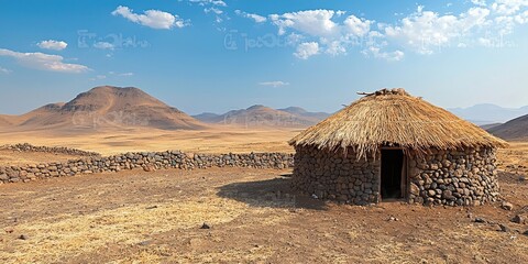 Small simple hut built with woven reeds and thatch roof standing alone on dry desert landscape under clear sky with distant hills. Generative by AI.