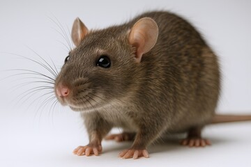 Close-up of a cute brown mouse with detailed fur and whiskers on a plain white background.