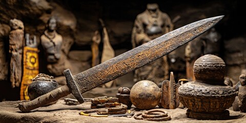 Display of ancient tribal artifacts including skulls, stone weapons, large decorated sword, small tools, gourds arranged on brown fabric background. Generative by AI.