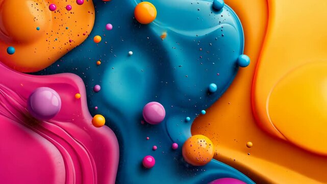 Vibrant abstract composition of colorful paint swirls and spheres creating a dynamic visual effect