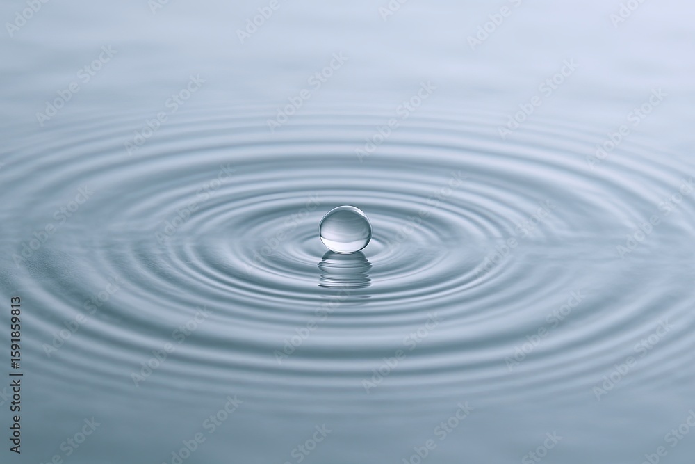 Poster close-up of a single water droplet creating ripples on smooth calm lake surface.