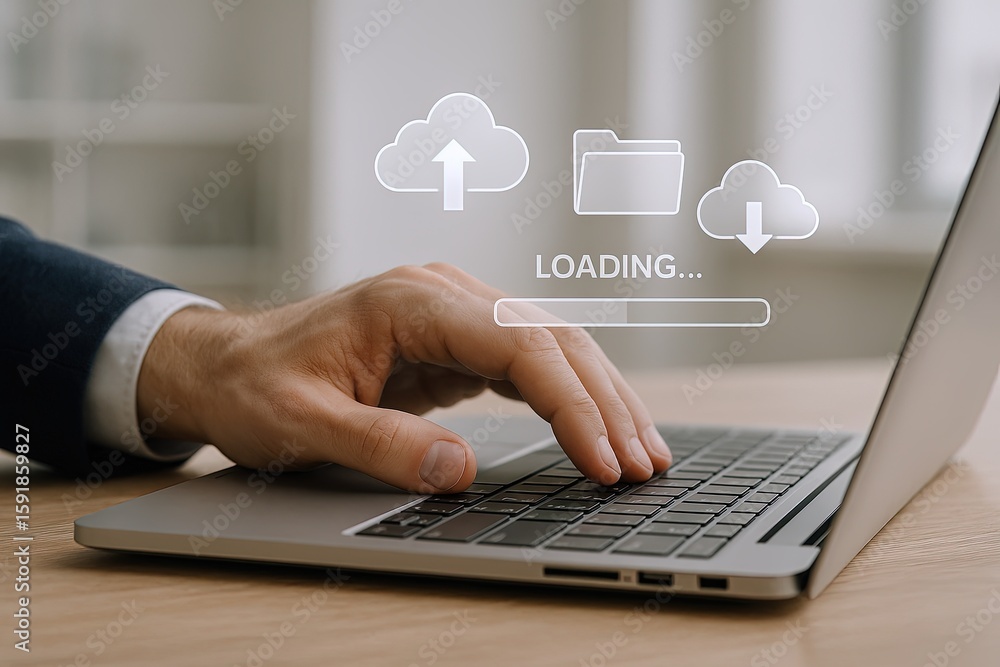 Poster businessperson's hand using laptop with cloud upload icons for data transfer and storage.