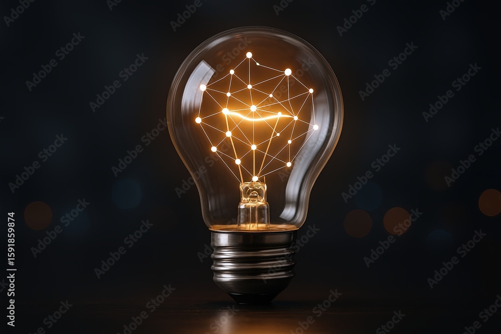 Poster bright modern light bulb with glowing interconnected network structure symbolizing innovation.