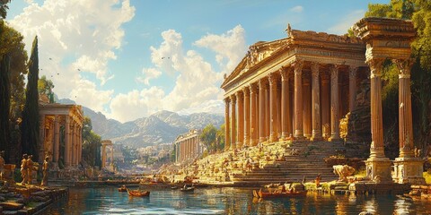 Ancient stone temple with tall columns overlooking cityscape at sunset with mountains in distant background. Generative by AI.