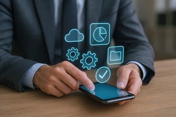 Businessman interacting with holographic cloud data icons on smartphone in modern office.