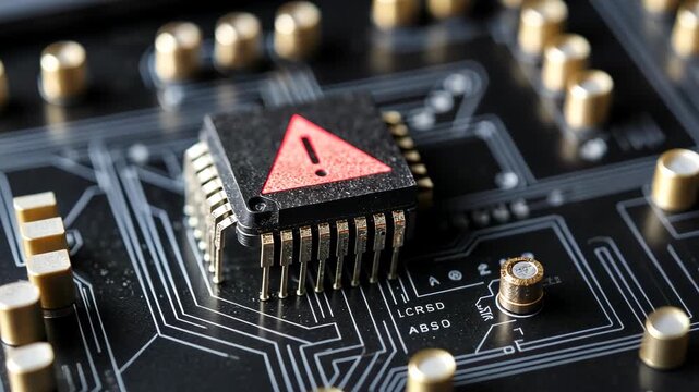 Malfunctioning Microchip with Warning Sign on Circuit Board Detail