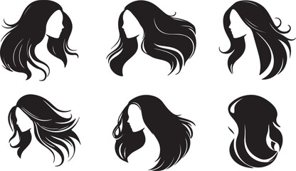 Black and white vector illustration of six different women s hairstyles silhouettes