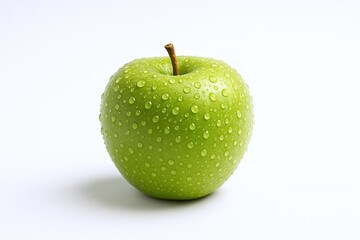 Fresh Green Apple with Water Droplets on Surface Isolated on White Background.