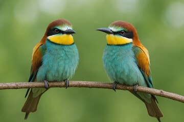 Fototapeta premium Two colorful birds perched on a slender branch with blurred green background.