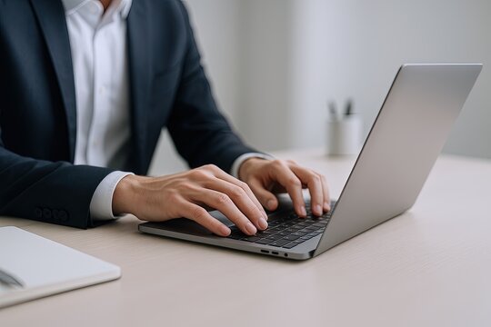 Professional businessman typing on a silver laptop in modern office environment. - Powered by Adobe