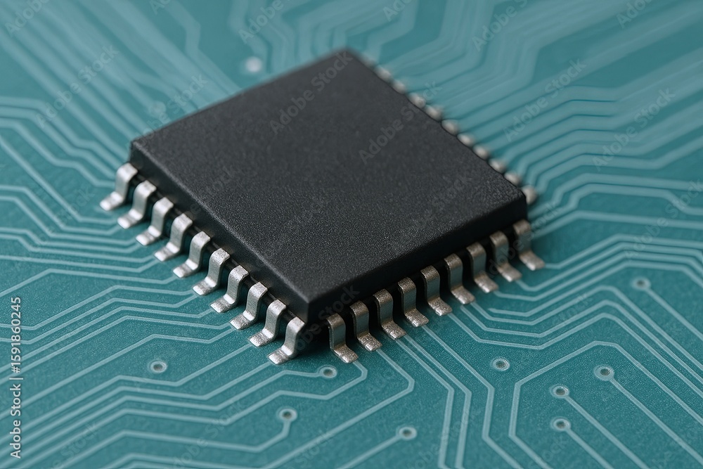 Poster close-up of a microchip integrated circuit on a printed circuit board with detailed electronic pathw