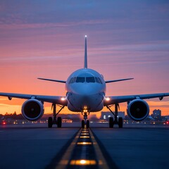Lone Aircraft Taxiing with Illuminated Path at Dusk Under a Clear Twilight Sky