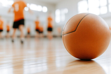 Indoor basketball practice: focus on the ball with players training in the background. Teamwork and sport training at gymnasium.