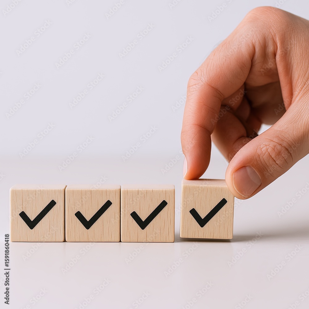 Poster hand placing wooden block with checkmark beside three matching checkmarks on a white background.