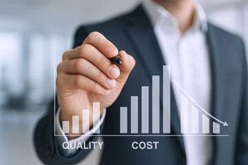 Businessman in formal suit drawing digital graph with ascending bar chart and line trend.