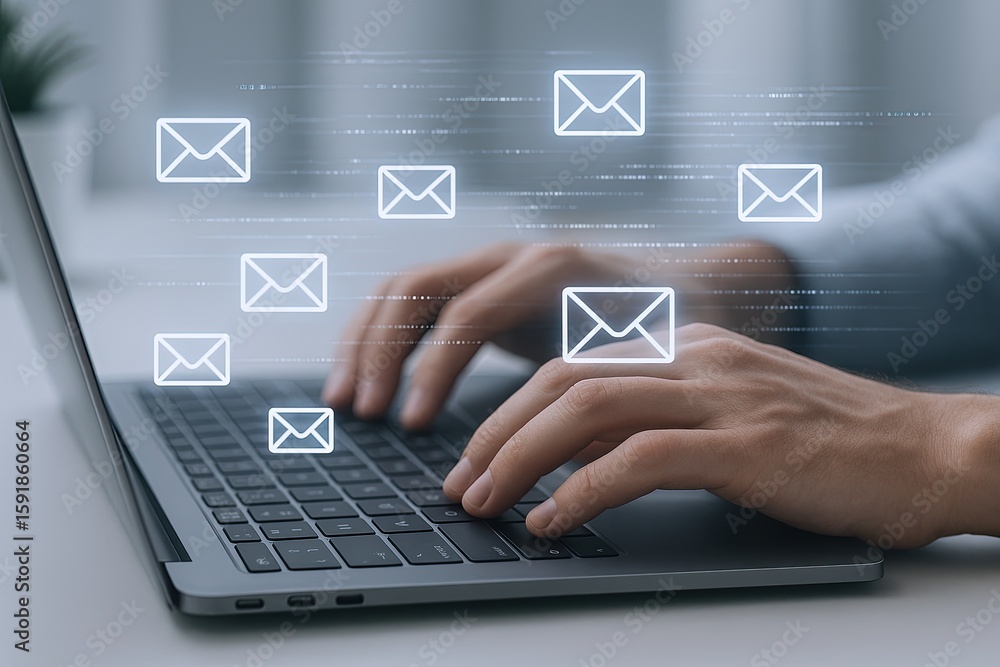 Poster modern digital communication concept with hands typing on laptop keyboard and email icons floating.