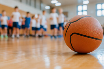 Basketball sits in the foreground, with a blurred group of young children in the background, seemingly at a school gym class or recreational activity.