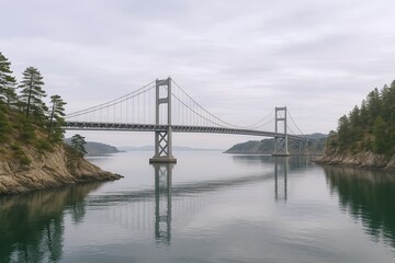 Fototapeta premium Long suspension bridge spanning a calm body of water with surrounding forested landscape.