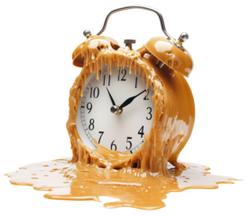 Melting alarm clock with surreal, distorted appearance, symbolizing fluidity of time. clock face and bells appear to be dripping, creating dreamlike effect., isolated