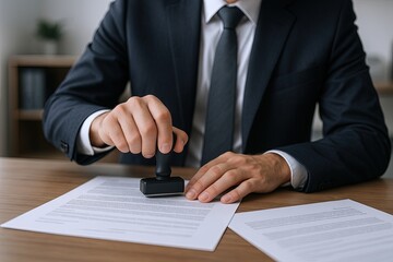 Obraz premium Businessman stamping document with official seal in formal office setting during work hours.