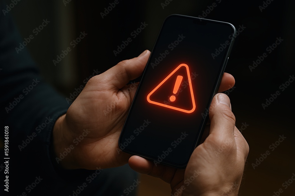 Aufkleber person holding smartphone displaying warning alert icon in dark environment with focus on device.
