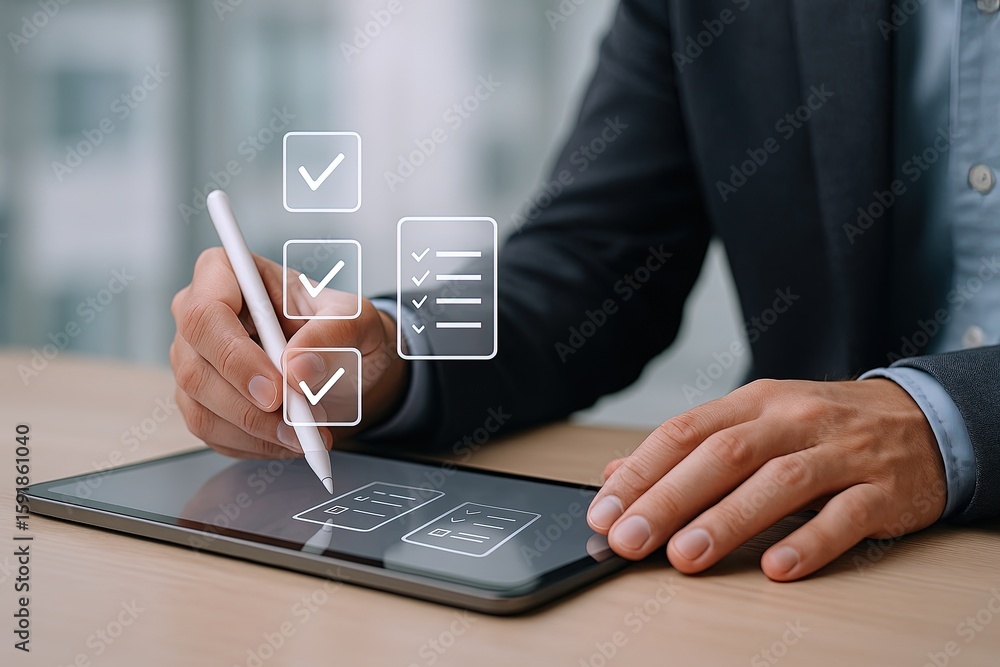 Aufkleber businessman using digital tablet with checklist and digital interface for task management.