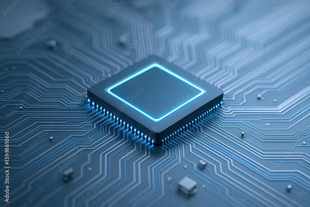 Poster close-up of a modern microchip or integrated circuit placed on a circuit board with detailed electro