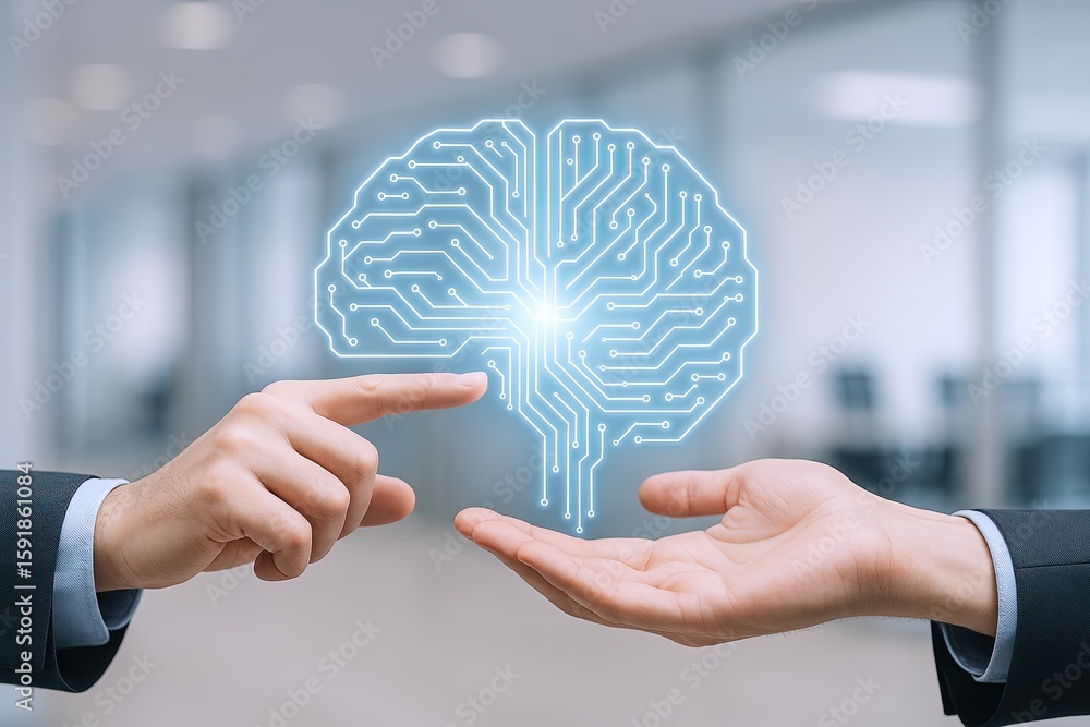 Poster advanced artificial intelligence technology concept with brain circuit hologram in modern office set