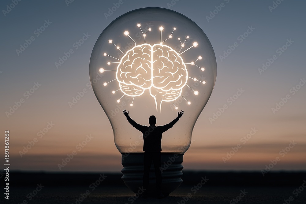 Poster creative art image of a human figure standing inside lightbulb with illuminated brain and neural con