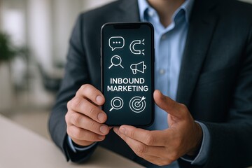Professional businessman holding smartphone displaying inbound marketing icons and text.