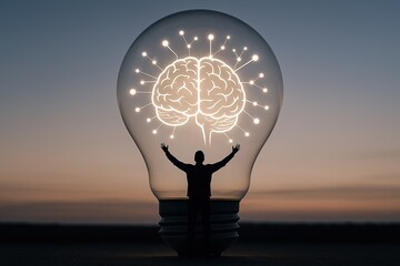 Creative art image of a human figure standing inside lightbulb with illuminated brain and neural connections.