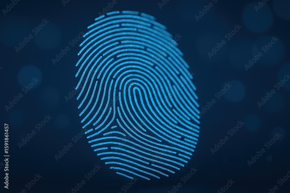 Poster close-up of a blue fingerprint scan symbol with digital effect on dark background.