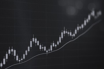 Business graph displaying upward trend with candlestick chart and moving average.