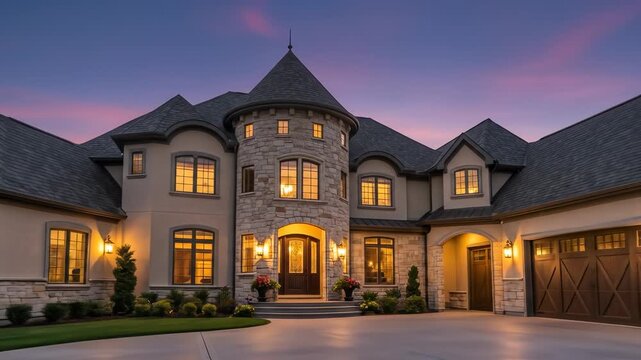 Elegant Home: Stone and stucco mansion featuring a turret and circular driveway during dusk with exterior illumination, displaying architectural refinement.