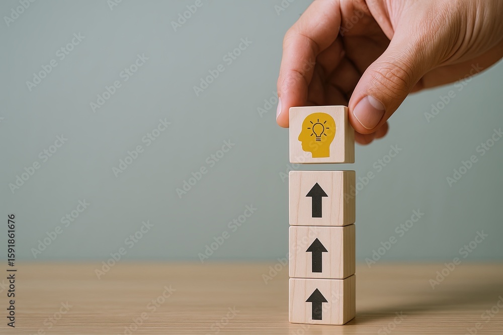 Poster hand stacking blocks with light bulb and arrow symbols representing ideas and growth.