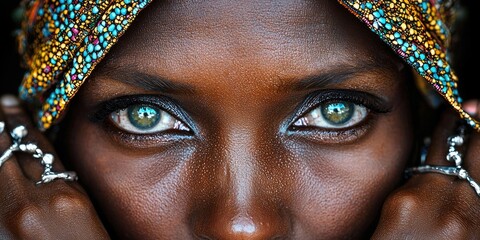 Close-up of person with brown eyes wearing colorful beaded headdress and face covering with orange, yellow, blue, silver beads visible. Generative by AI.