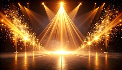 Golden stage illuminated by spotlights and fireworks