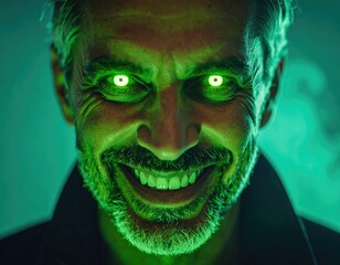 Close-up portrait, man with glowing green eyes and a creepy smile