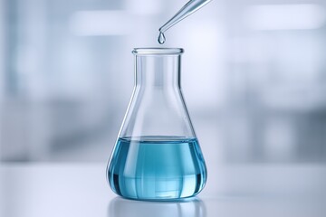 Close-up of a laboratory dropper dispensing blue liquid into an Erlenmeyer flask on bright laboratory background.