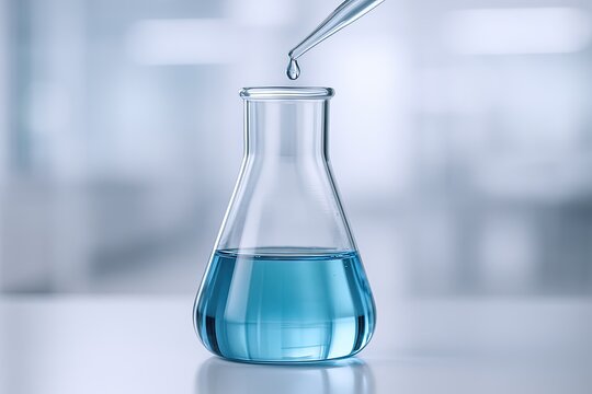 Close-up of a laboratory dropper dispensing blue liquid into an Erlenmeyer flask on bright laboratory background.