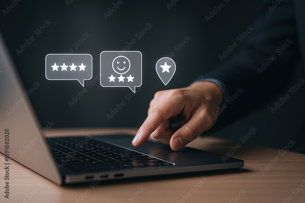 Aufkleber close-up of a person using a laptop with digital icons showing feedback and location symbols.