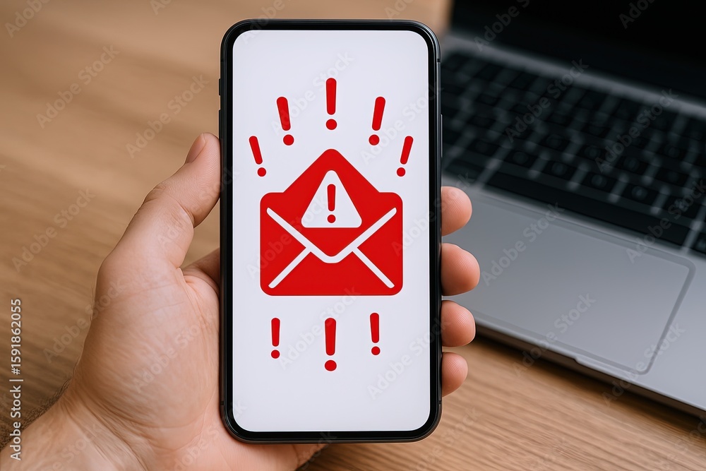 Aufkleber hand holding smartphone with alert message displaying exclamation mark and warning icon.
