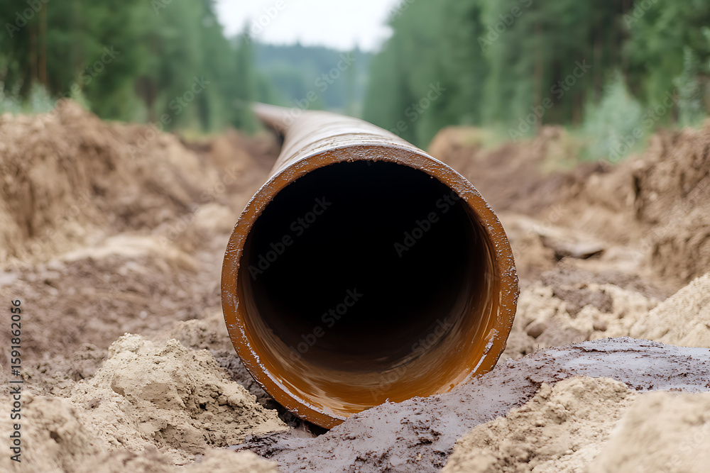 Poster pipeline under construction: a large pipe resting in a trench, ready for installation in a forest cl