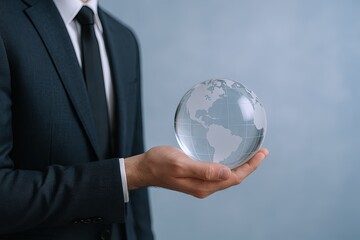 Businessman Holding Transparent Globe with World Map for Global Business Concepts.