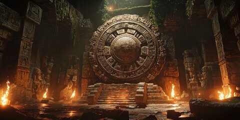 Large stone temple wall with glowing golden sun face carving, surrounded by lit torches and detailed engravings in dark cave. Generative by AI.