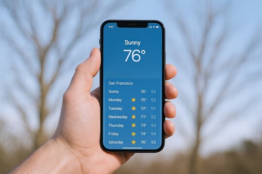 Close-up of a hand holding a smartphone displaying weather forecast outdoors on a sunny day Teen weather app interface.